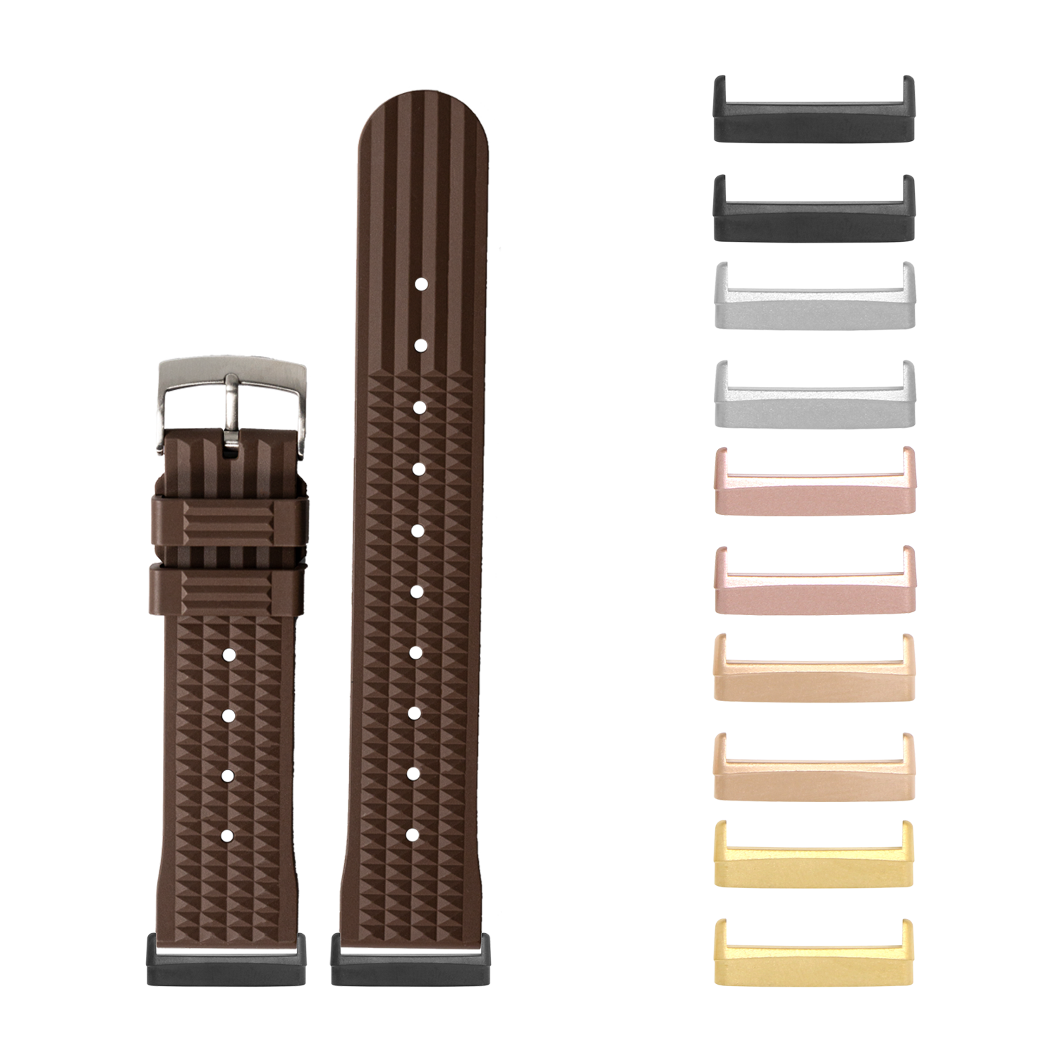Brown quilted FKM rubber watch band with interchangeable metal lugs for Fitbit Versa and Sense smartwatches