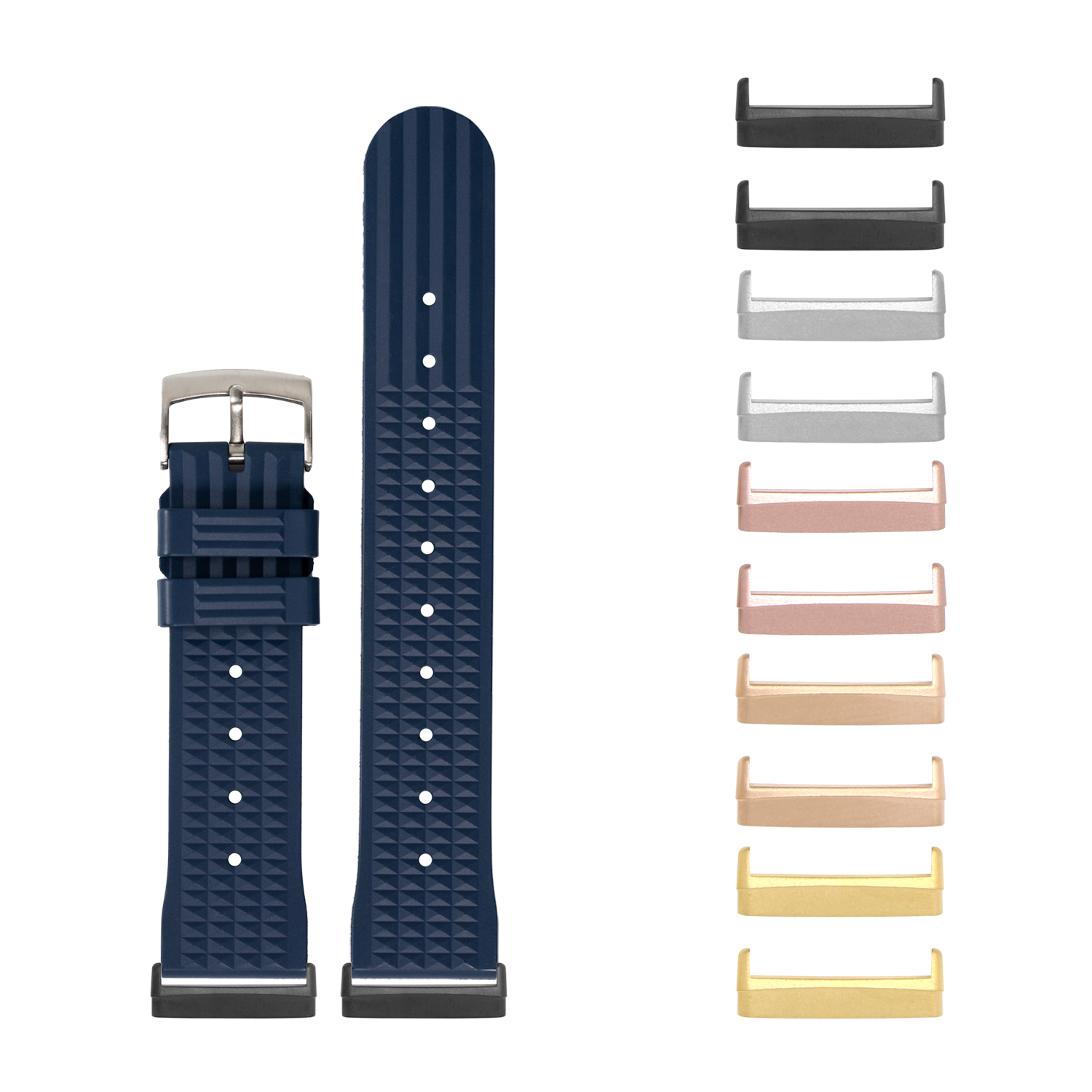 Navy blue waffle pattern FKM rubber watch band with interchangeable metal lugs in multiple finish colors for Fitbit Versa and Sense