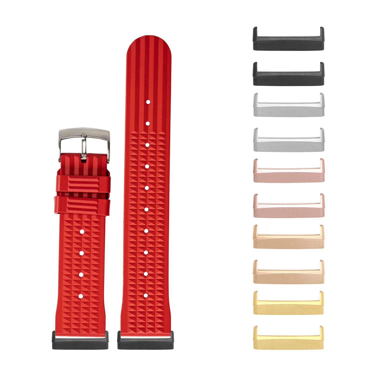 Red quilted FKM rubber watch band with interchangeable metal connectors in multiple finishes for Fitbit Versa and Sense smartwatches