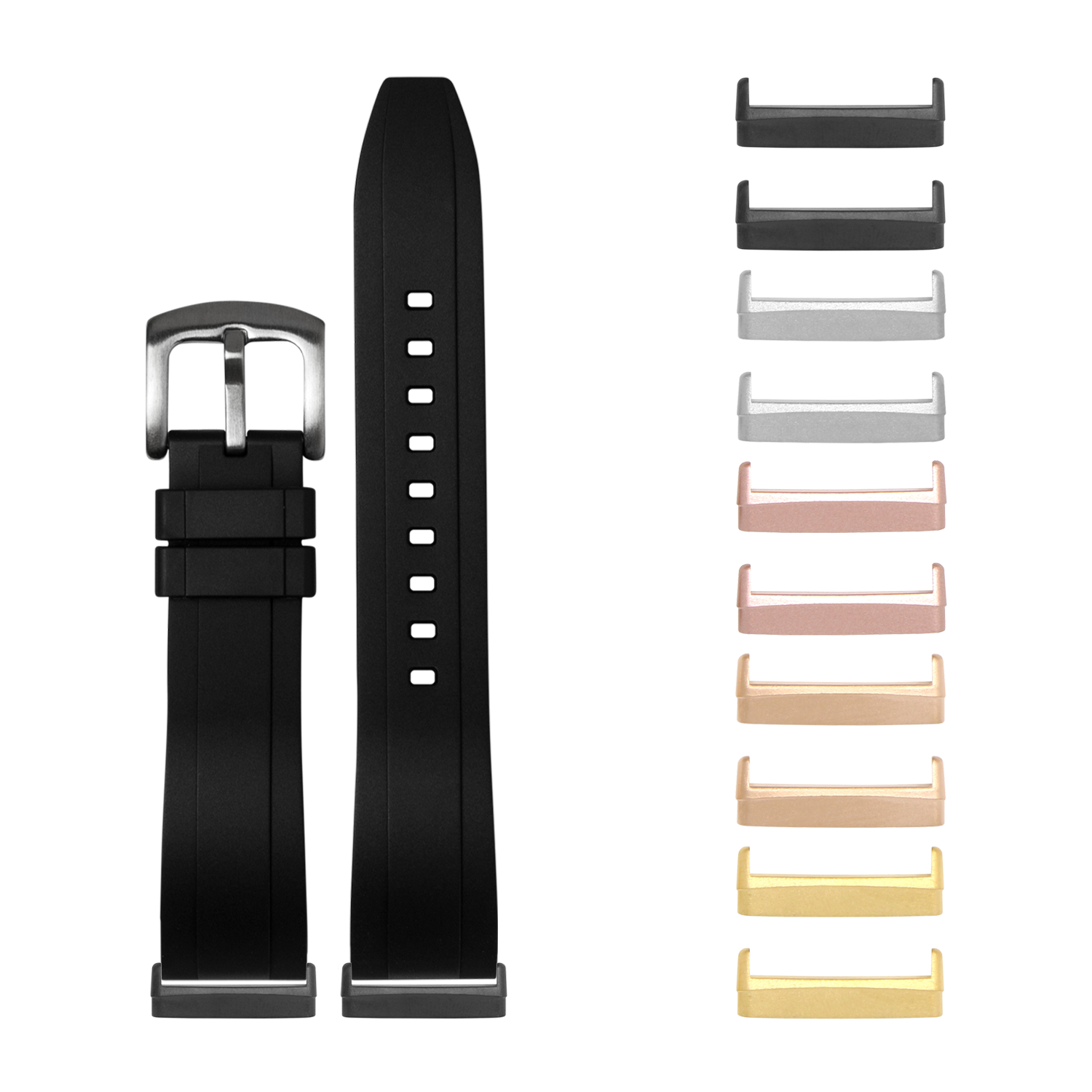 Black rubber smartwatch band with interchangeable metal lugs in multiple finishes for Fitbit Versa and Sense models