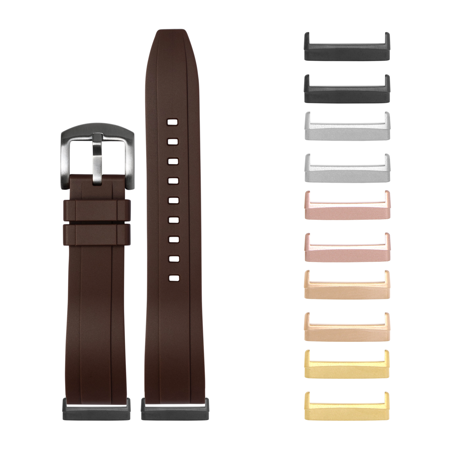 Brown silicone watch band with stainless steel buckle and interchangeable metal lugs for Fitbit Versa and Sense smartwatches