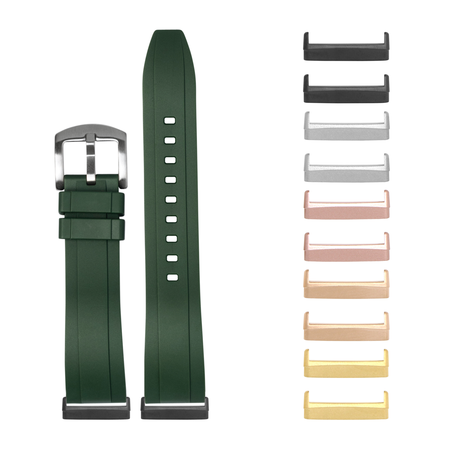 Forest green rubber watch band with interchangeable metal hardware in multiple finishes for Fitbit Versa and Sense smartwatches