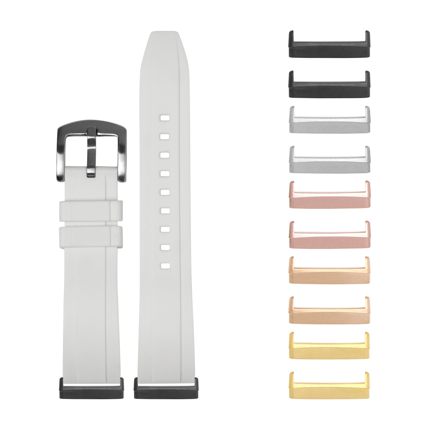 White rubber watch band with interchangeable metal lugs in multiple finishes for Fitbit Versa and Sense smartwatches