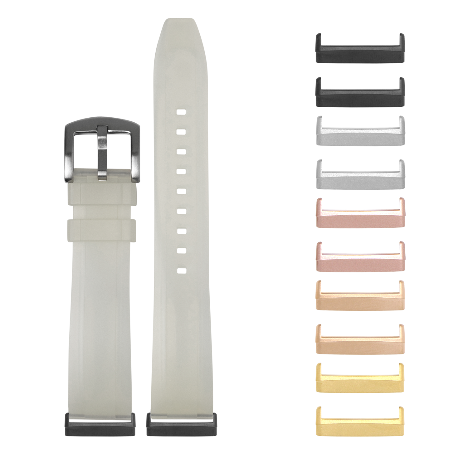 Jellyfish white FKM rubber watch band with stainless steel buckle and interchangeable keeper bars in multiple metal finishes for Fitbit Versa and Sense