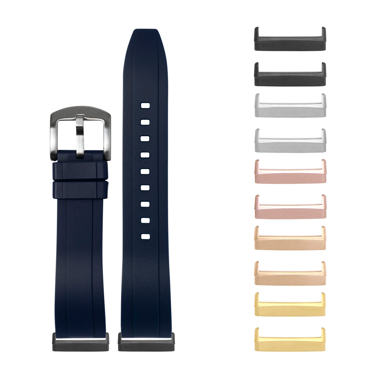 Navy blue FKM rubber watch band with stainless steel buckle for Fitbit Versa and Sense, shown with interchangeable metal lugs in multiple finishes