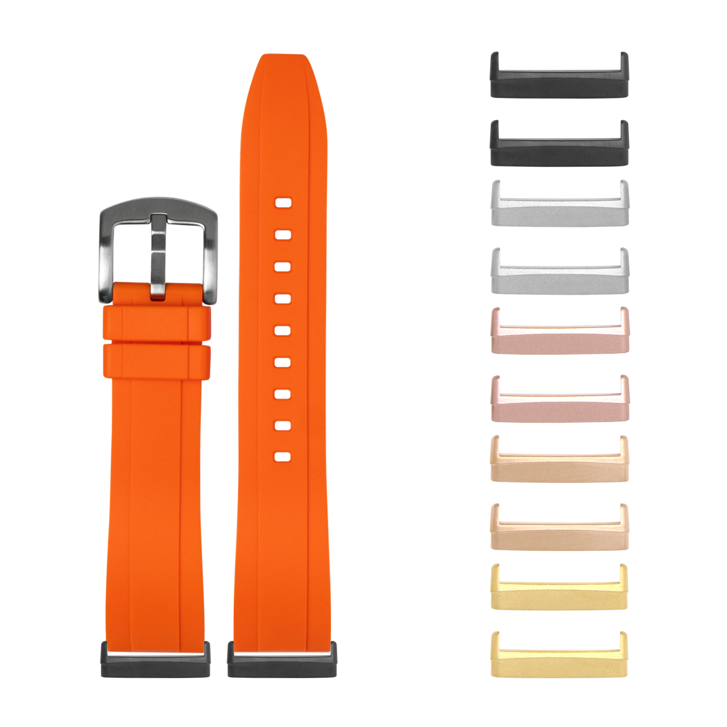 Orange silicone watch band with metal buckle and interchangeable metal lugs in multiple colors for Fitbit Versa and Sense smartwatches