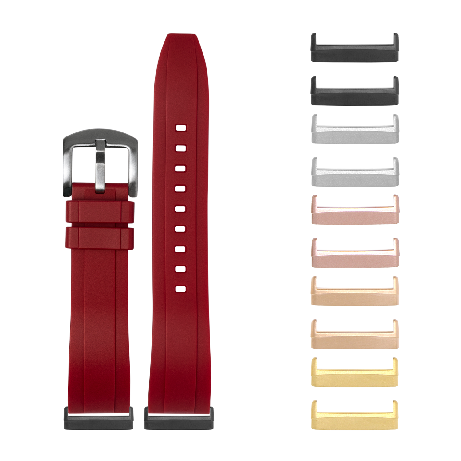 Red FKM rubber watch band for Fitbit Versa 3, Versa 4, Sense 1 and Sense 2 with interchangeable metal hardware in multiple finishes