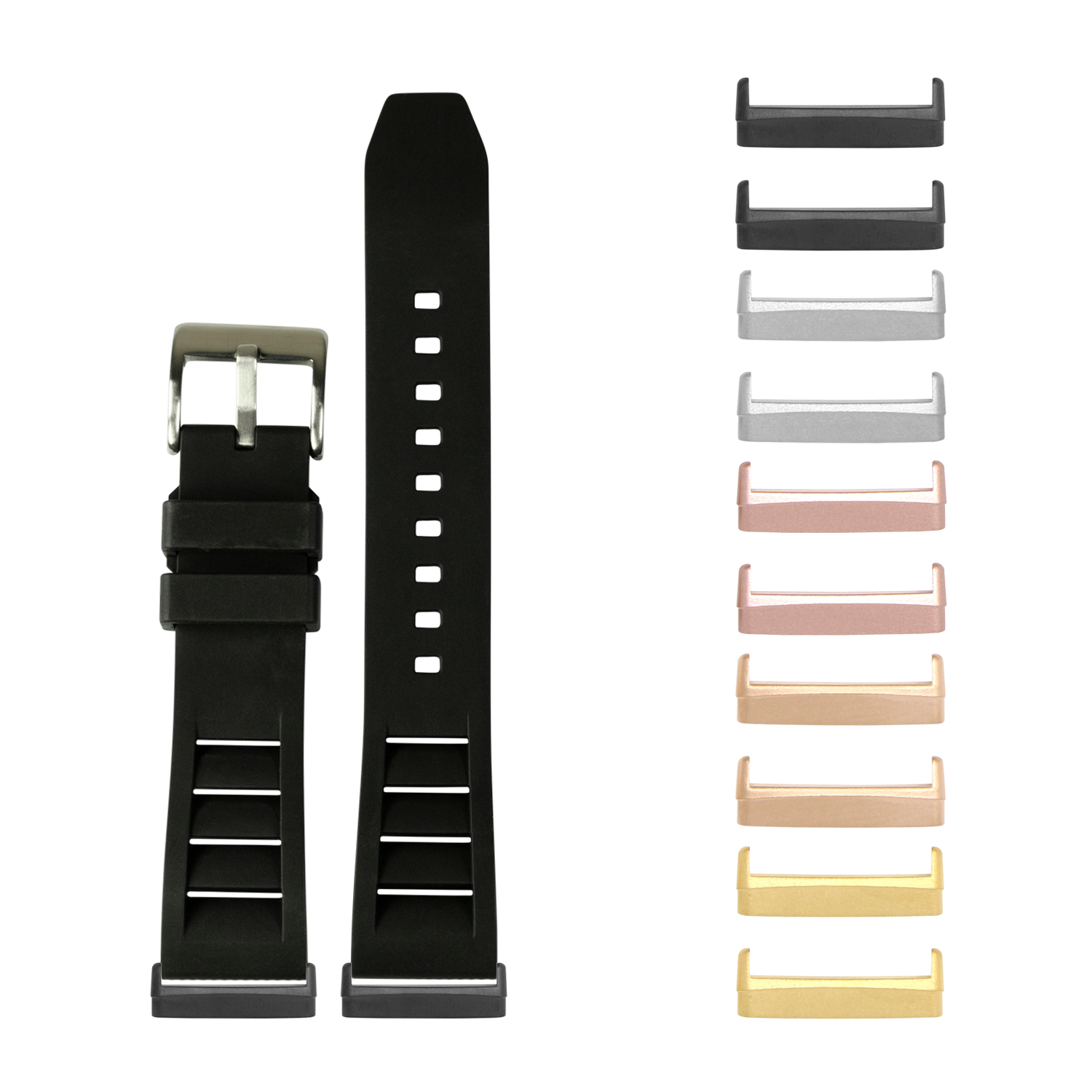 Black rubber watch band with metal buckle and interchangeable metal case bezels in multiple finishes for Fitbit Versa and Sense smartwatches