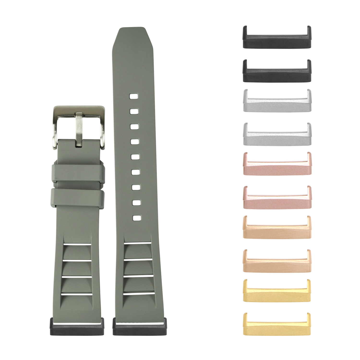 Olive green silicone watch band with metal buckle and interchangeable colored keeper rings in black, grey, rose gold and gold finishes