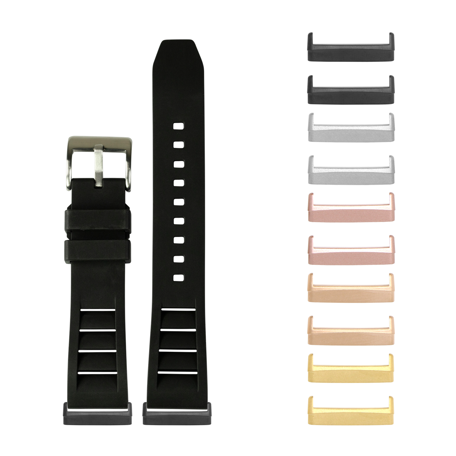 Black rubber watch band with silver buckle and interchangeable bezel collection in multiple metal finishes for Fitbit Versa and Sense