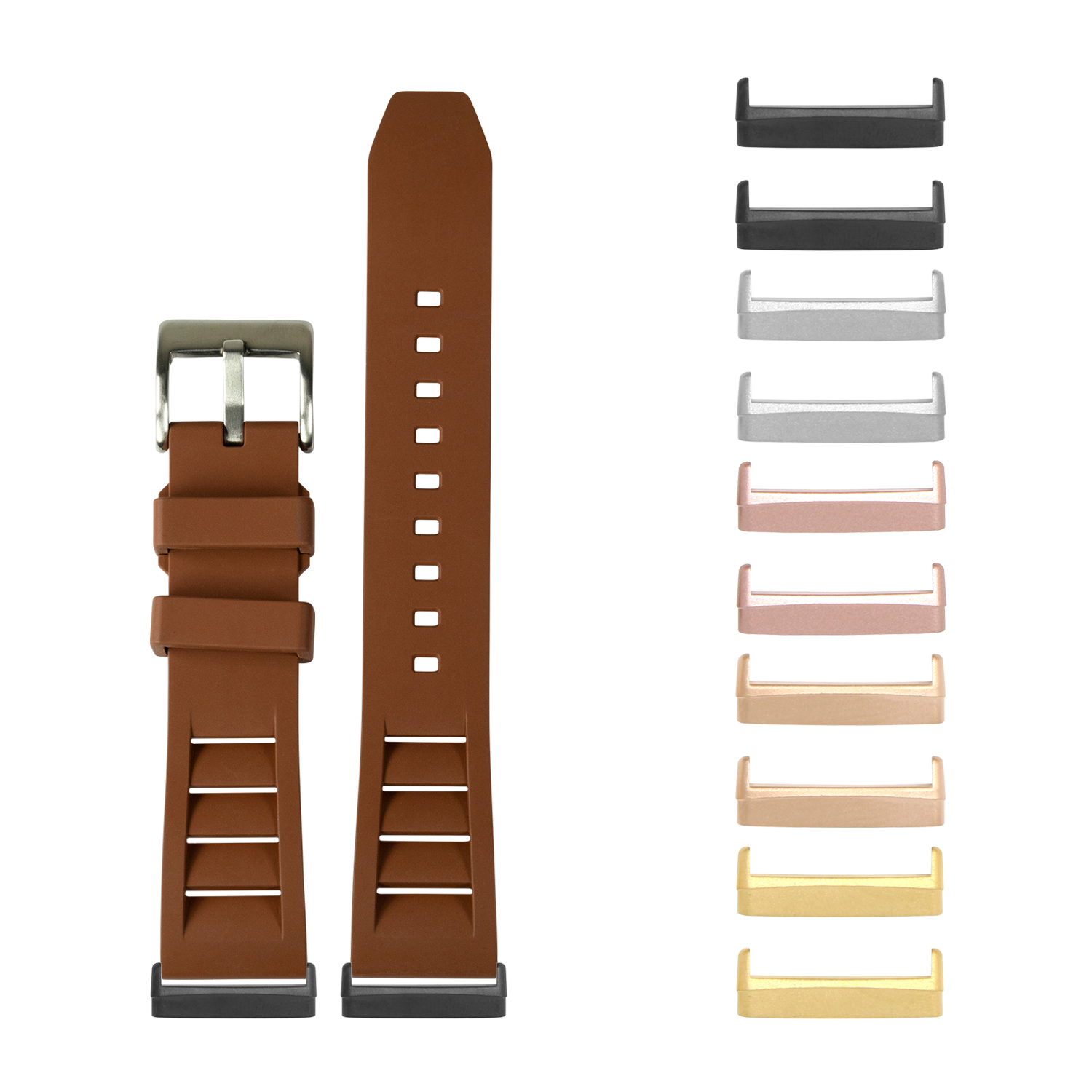 Brown silicone watch band with quick-release lugs and interchangeable metal hardware in multiple finishes displayed with band and accessories