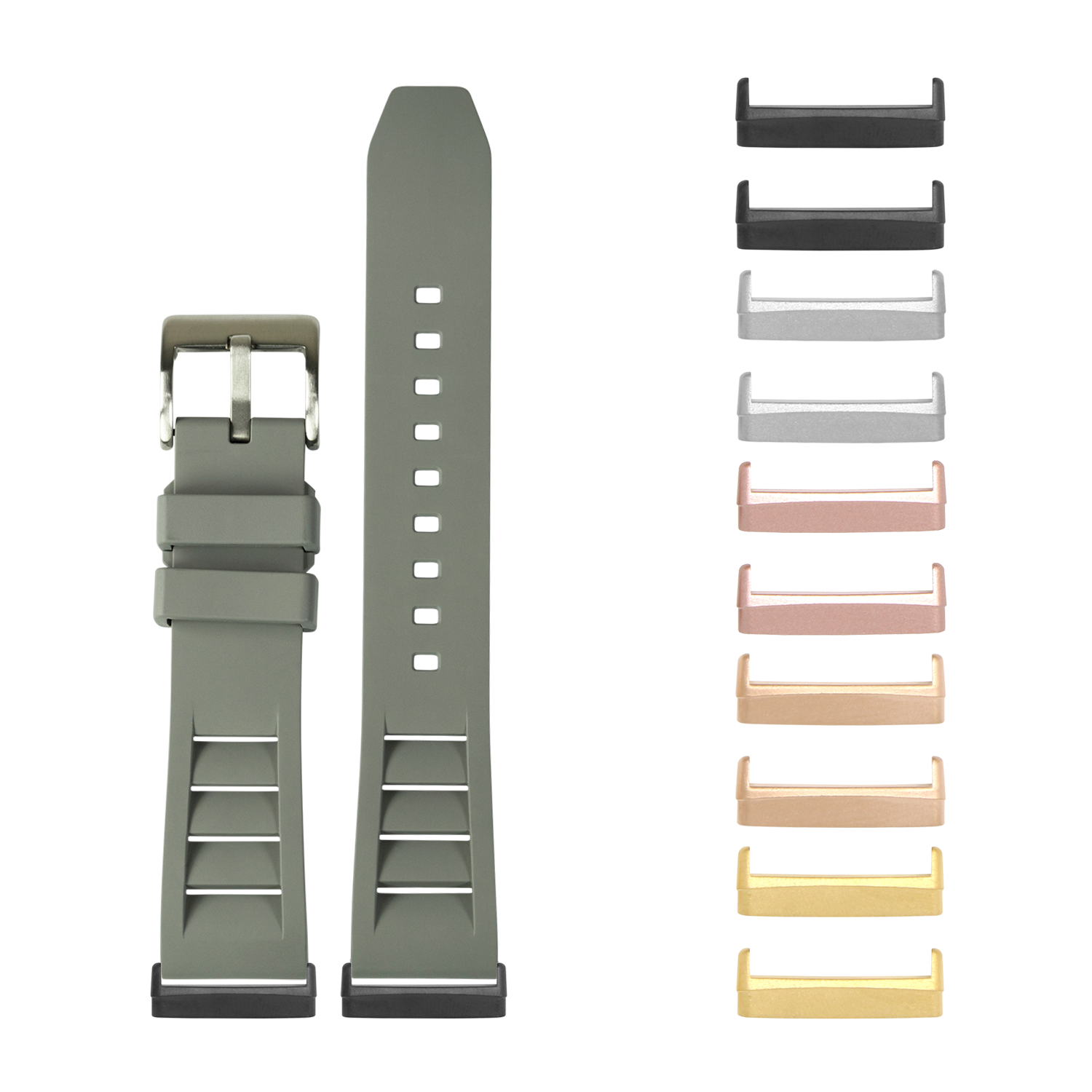Olive green silicone watch band with silver buckle and matching interchangeable metal lugs in multiple colors including black, grey, rose gold, and gold