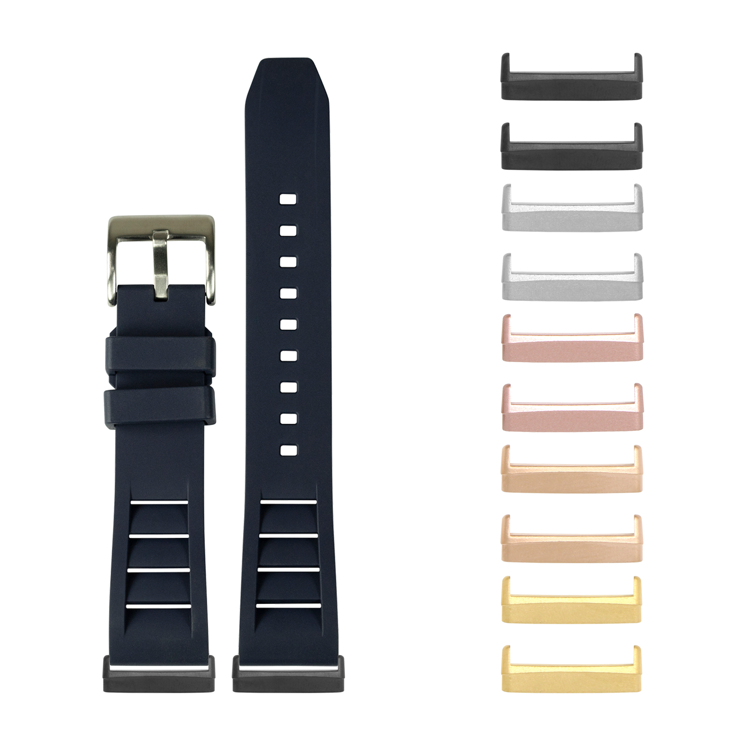 Navy blue FKM rubber watch band with metal buckle and interchangeable metal lugs in multiple finishes for Fitbit Versa and Sense