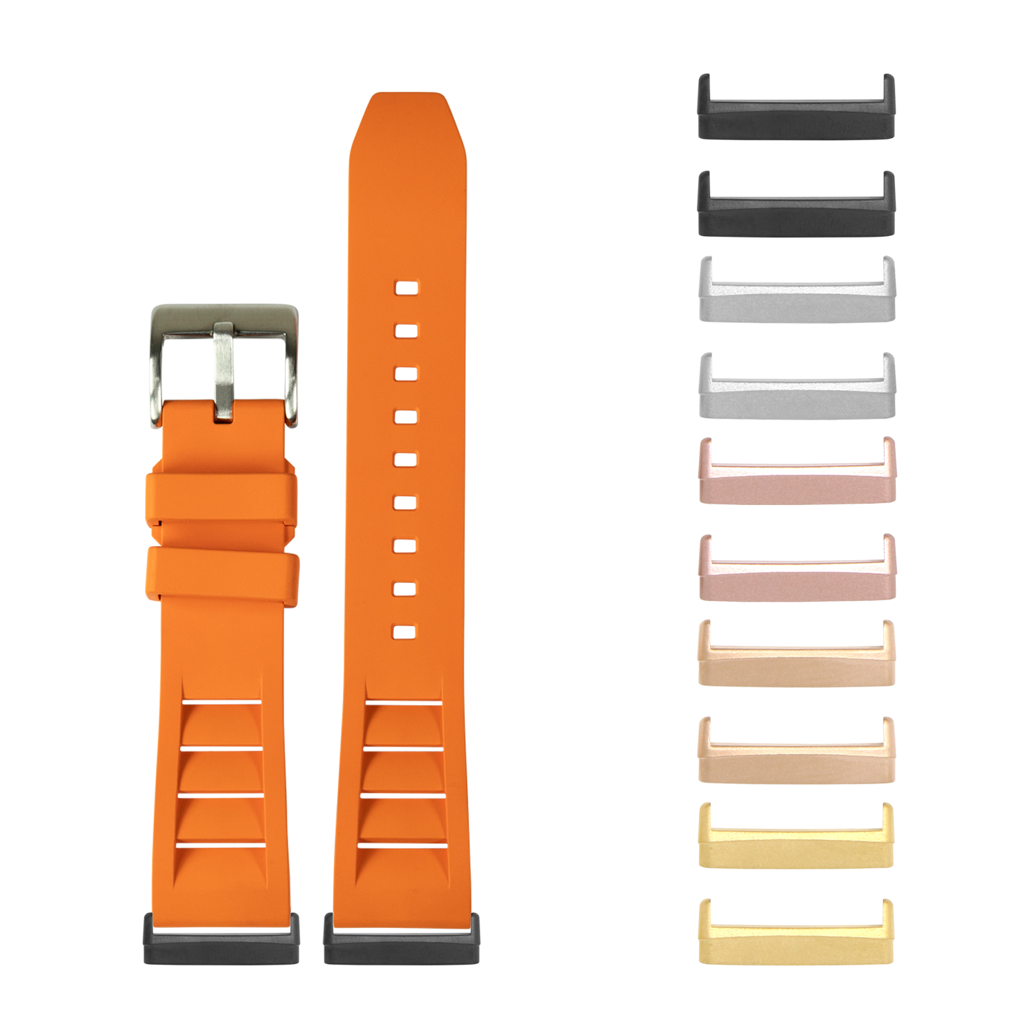 Orange FKM rubber watch band with interchangeable dive loops and metal buckle for Fitbit Versa and Sense smartwatches
