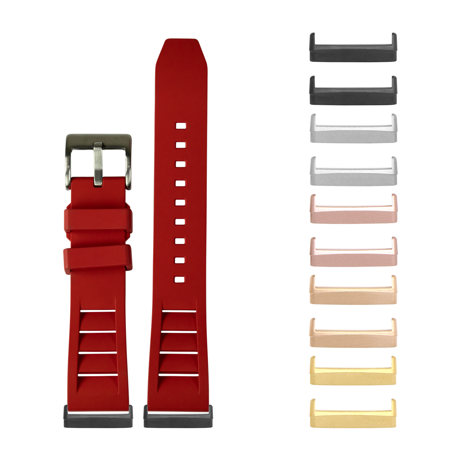 Red FKM rubber smartwatch band with interchangeable metal lugs for Fitbit Versa and Sense models, shown with multiple color options