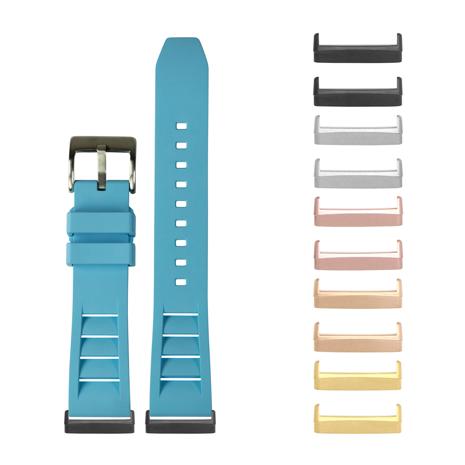 Sky blue FKM rubber watch band with interchangeable buckle and keeper for Fitbit Versa and Sense smartwatches, shown with multiple color options