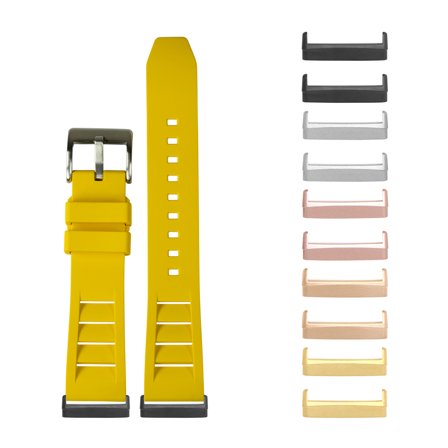 Bright yellow FKM rubber watch band with matching lugs and interchangeable metal buckle, compatible with Fitbit Versa and Sense smartwatches