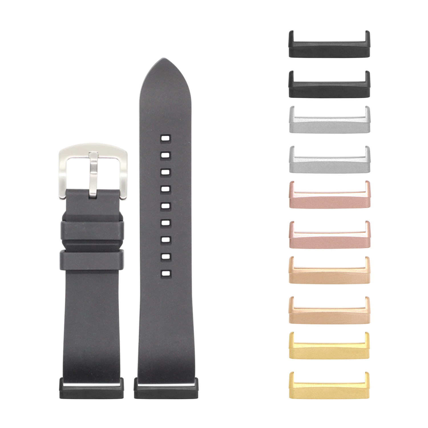 Black FKM rubber watch band with silver buckle and interchangeable metal lugs in multiple finishes for Fitbit Versa and Sense
