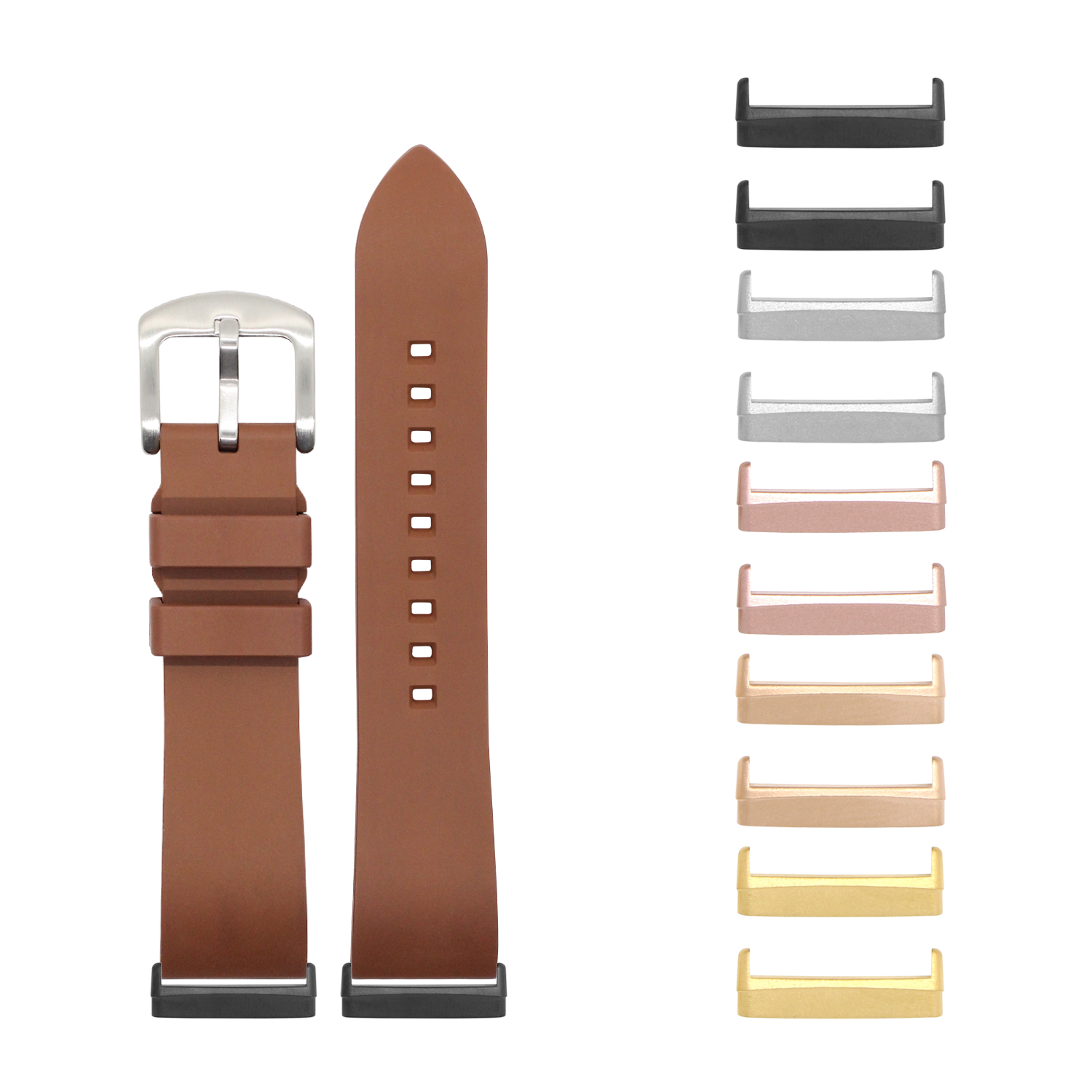 Brown leather watch strap with interchangeable metal lugs and buckle for Fitbit Versa and Sense smartwatches