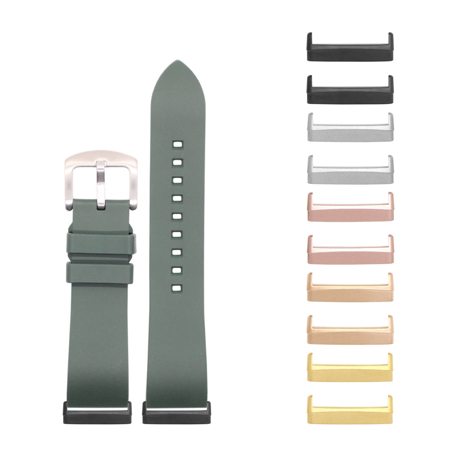 Forest green FKM rubber watch band with stainless steel buckle for Fitbit Versa and Sense, shown with interchangeable metal keeper loops in multiple color finishes