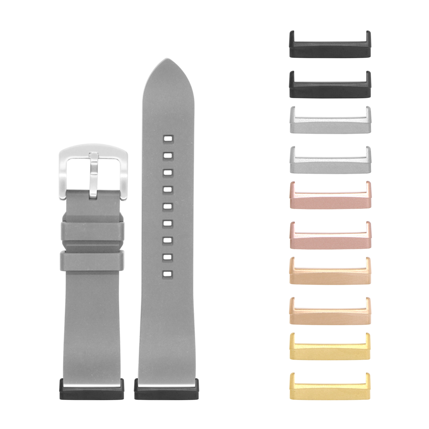 Grey FKM rubber watch band with interchangeable metal lugs for Fitbit Versa 3, Versa 4, Sense 1 and Sense 2 smartwatches