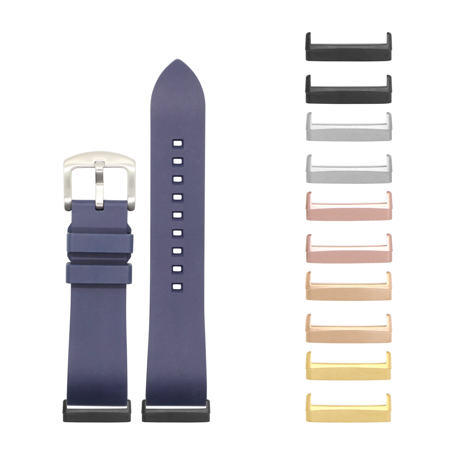Navy blue rubber watch band with interchangeable metal lugs for Fitbit Versa and Sense smartwatch, shown with multiple color lug options