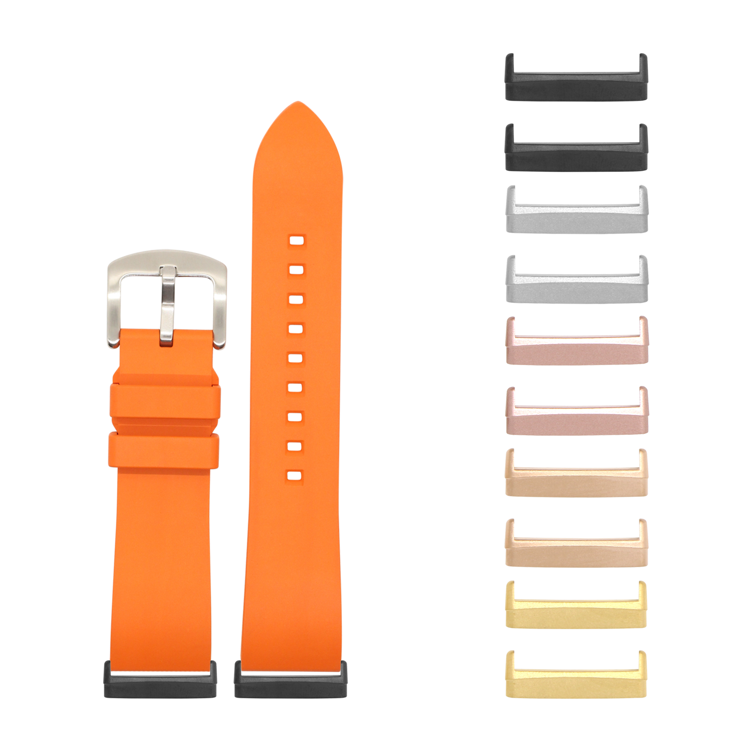 Orange FKM rubber watch band with stainless steel buckle and interchangeable metal case lugs for Fitbit Versa and Sense smartwatches