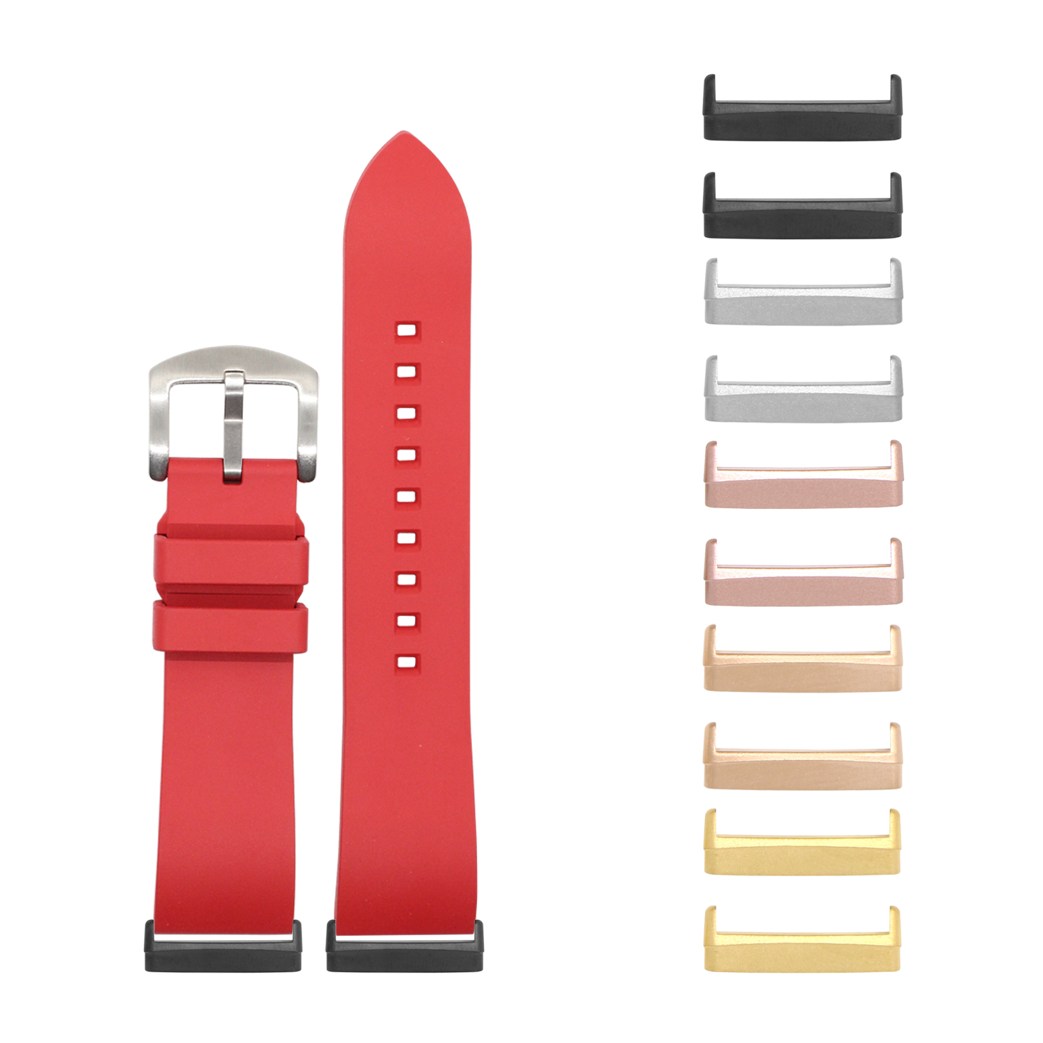 Red silicone watch band with interchangeable metal buckles in multiple finishes for Fitbit smartwatch