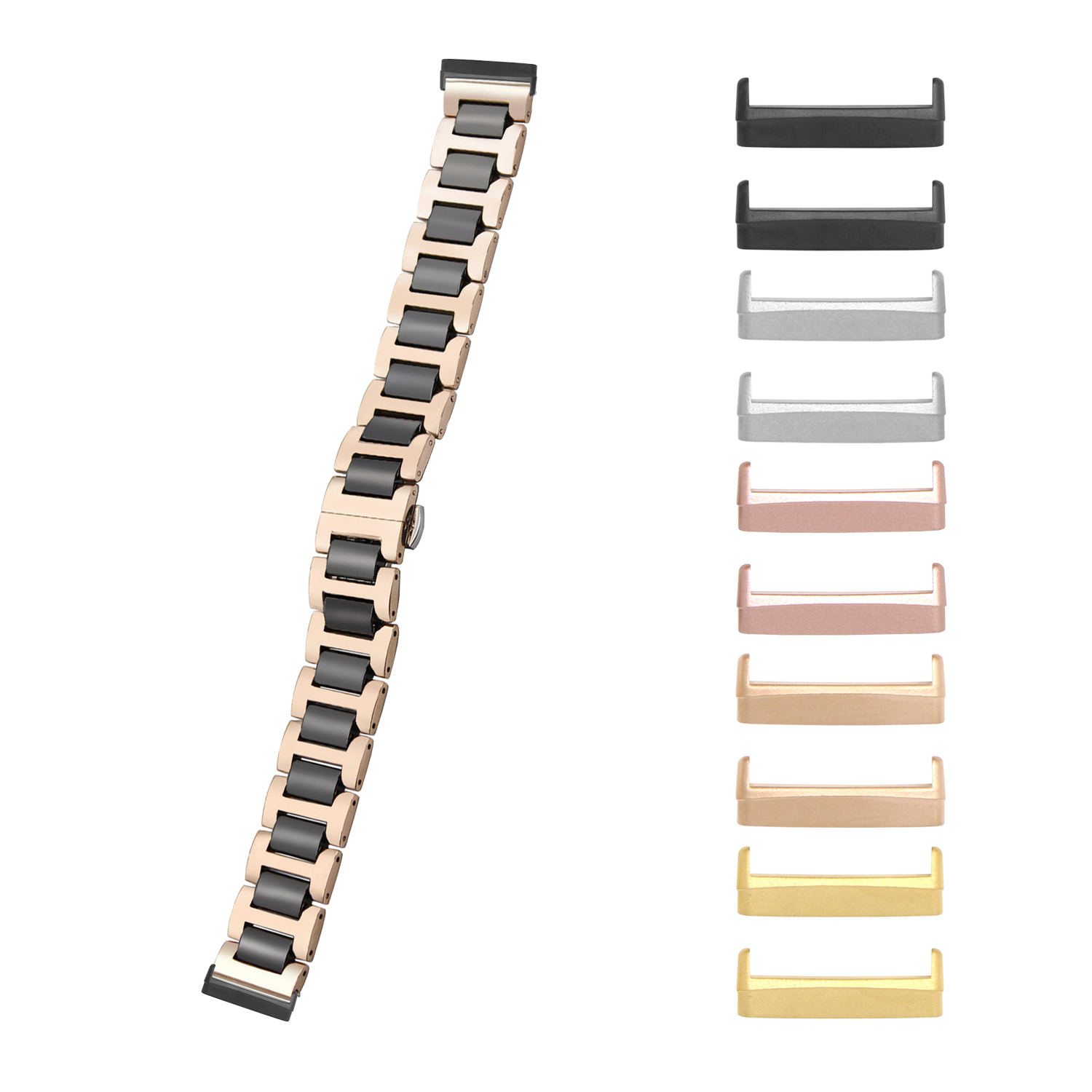 Rose gold and black ceramic bracelet strap for Fitbit Versa 3, Versa 4, Sense 1, and Sense 2 with interchangeable metal bezels in multiple colors