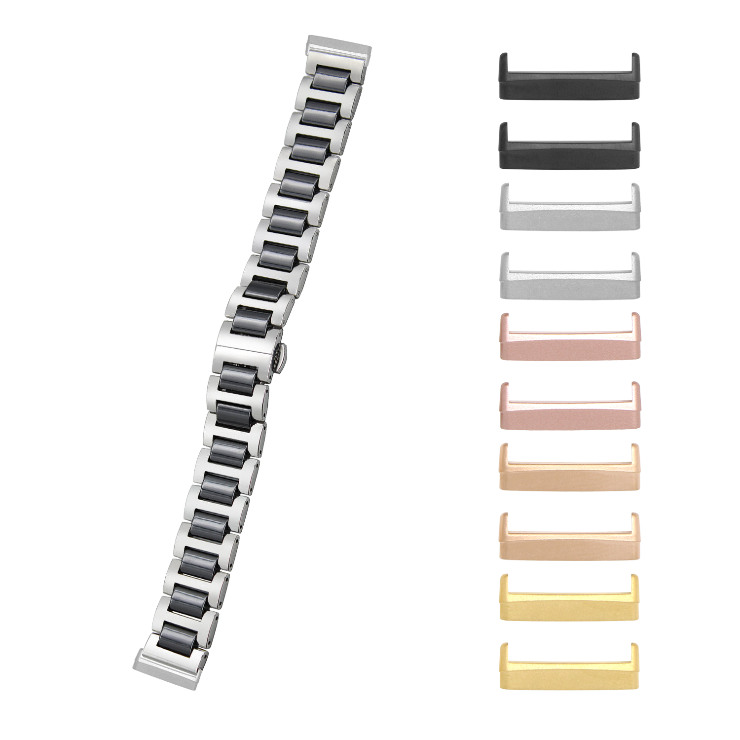 Ceramic bracelet watch band for Fitbit Versa 3, Versa 4, Sense 1 and Sense 2 in silver with black ceramic links shown with interchangeable color options