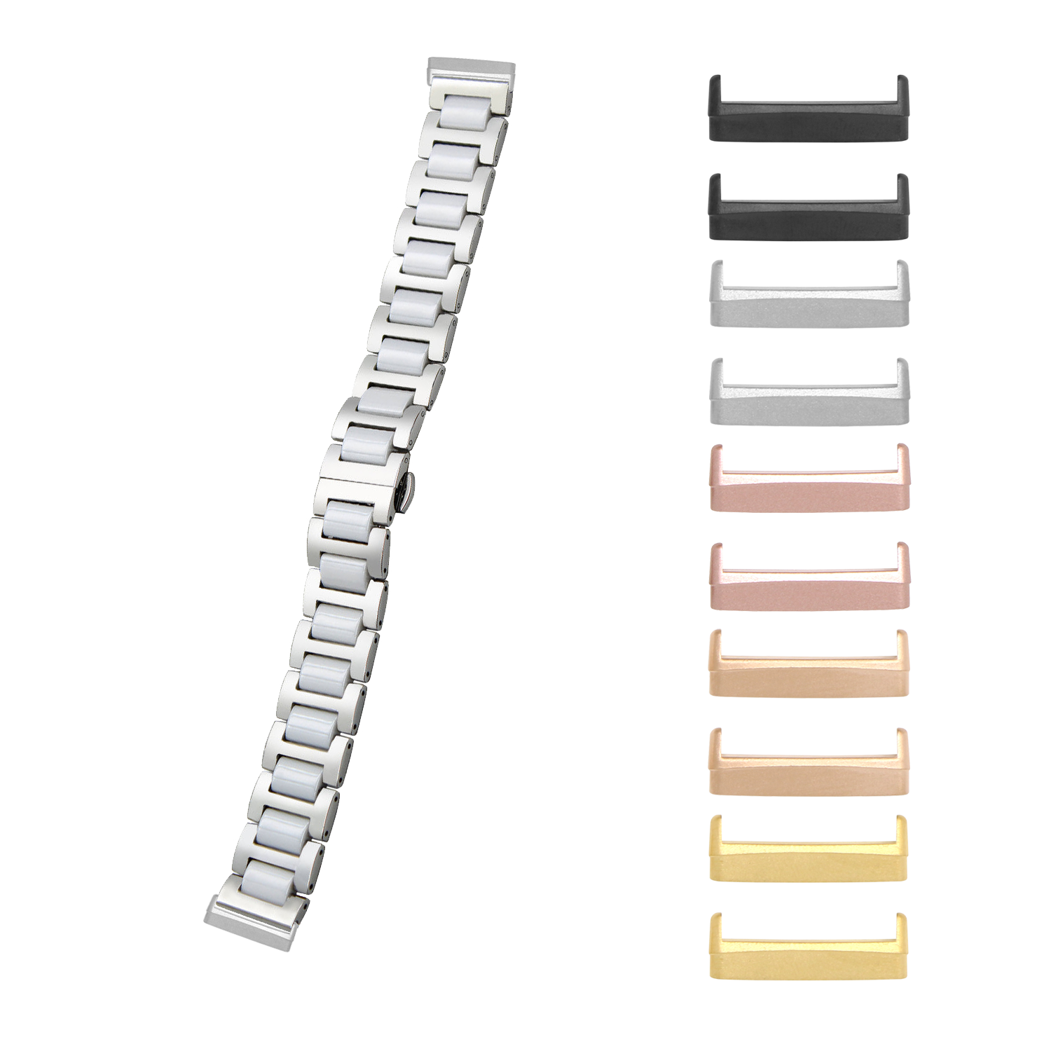 Ceramic smartwatch band with white ceramic links and silver metal clasp, shown with interchangeable color options including black, gray, rose gold, gold, and yellow finishes
