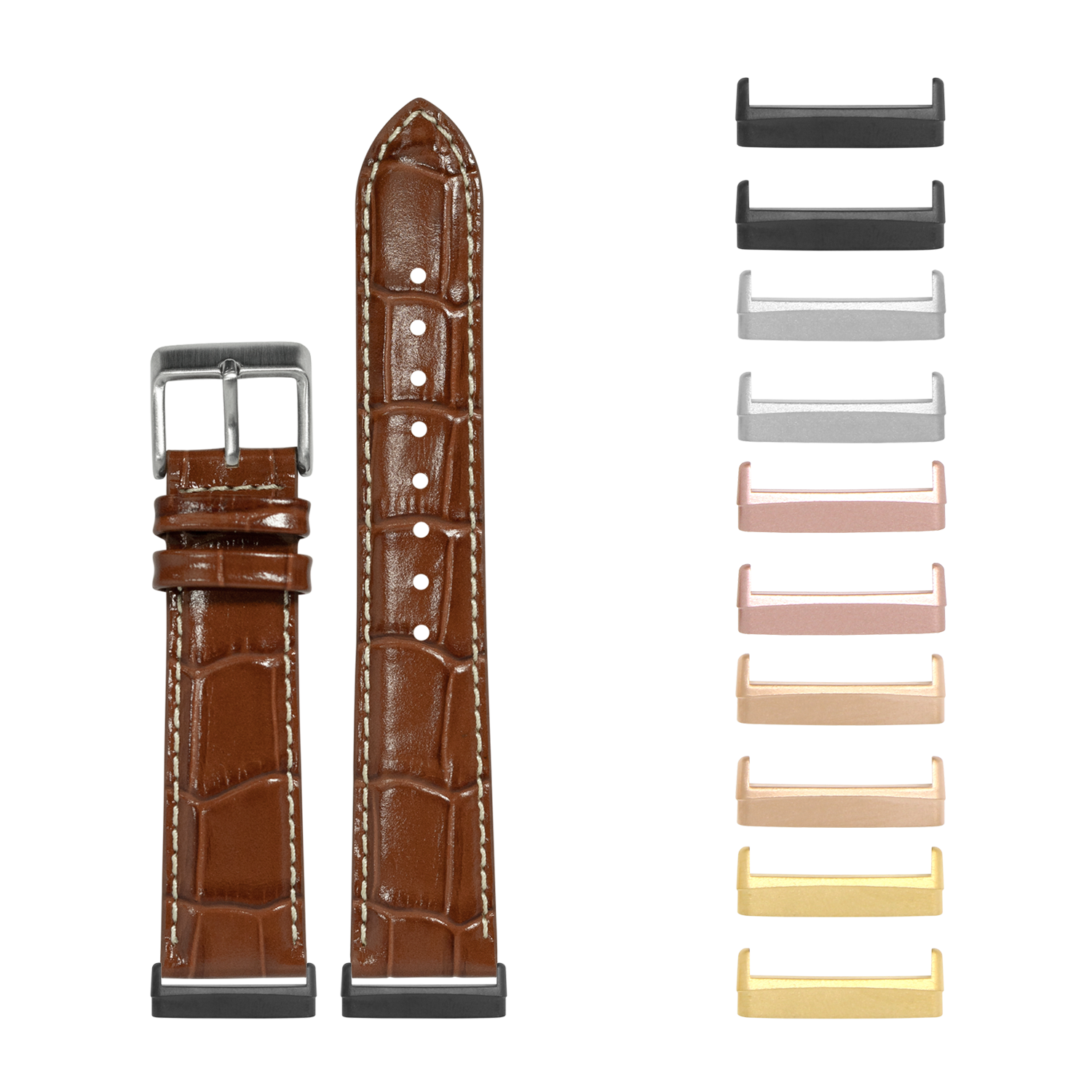 Brown leather crocodile-embossed watch band with silver buckle and interchangeable metal lugs in multiple finishes