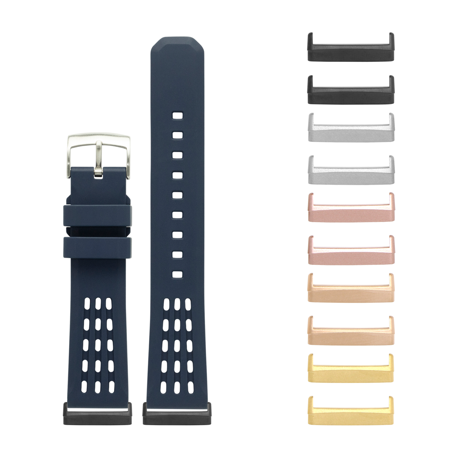 Navy silicone sport watch band with perforated design and interchangeable metal adapters in multiple finishes for Fitbit Versa and Sense smartwatches