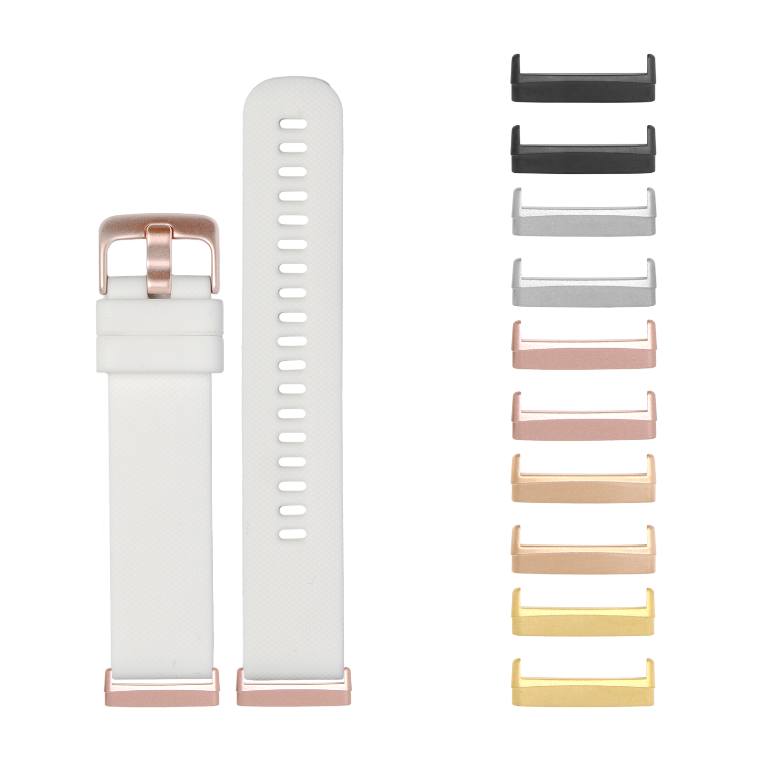 Silicone watch band for Fitbit Versa and Sense with interchangeable metal connectors in multiple color options including rose gold, black, gray, and gold