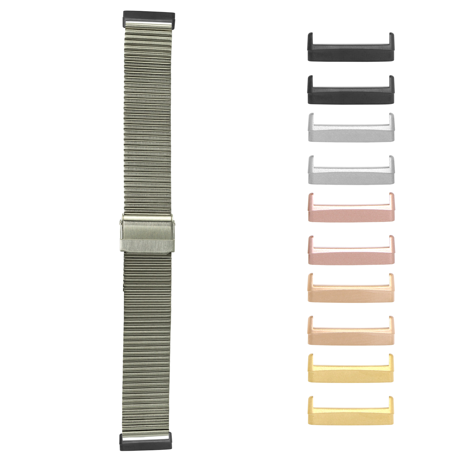 Stainless steel flat-link micro-adjustable bracelet for Fitbit Versa 3, Versa 4, Sense 1, and Sense 2 with interchangeable color options