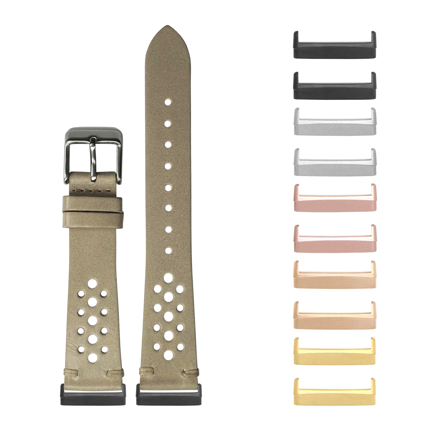 Tan perforated leather watch band with metal buckle and interchangeable metal bezels in multiple colors including black, silver, rose gold, and gold