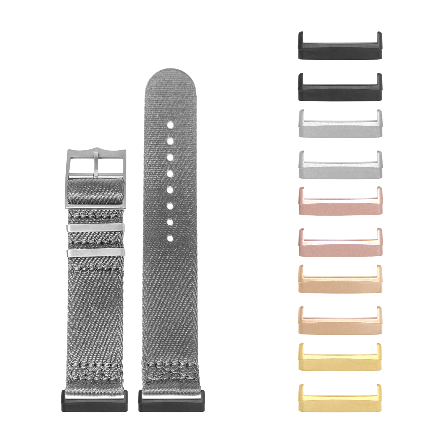 Gray woven fabric watch band with magnetic steel closure and interchangeable metal connector lugs in multiple finishes including black, rose gold, and gold