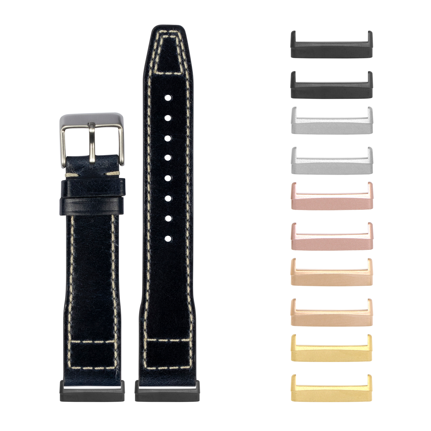 Black leather watch band with contrasting stitching and interchangeable metal lugs in multiple finishes for Fitbit Versa and Sense smartwatches