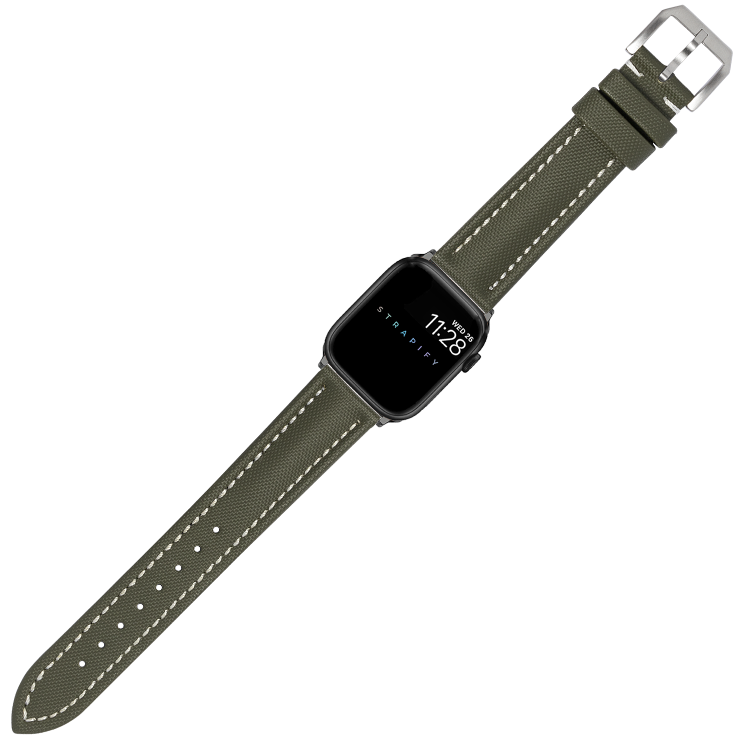Apple Watch band in army green sailcloth with white stitching and silver buckle hardware