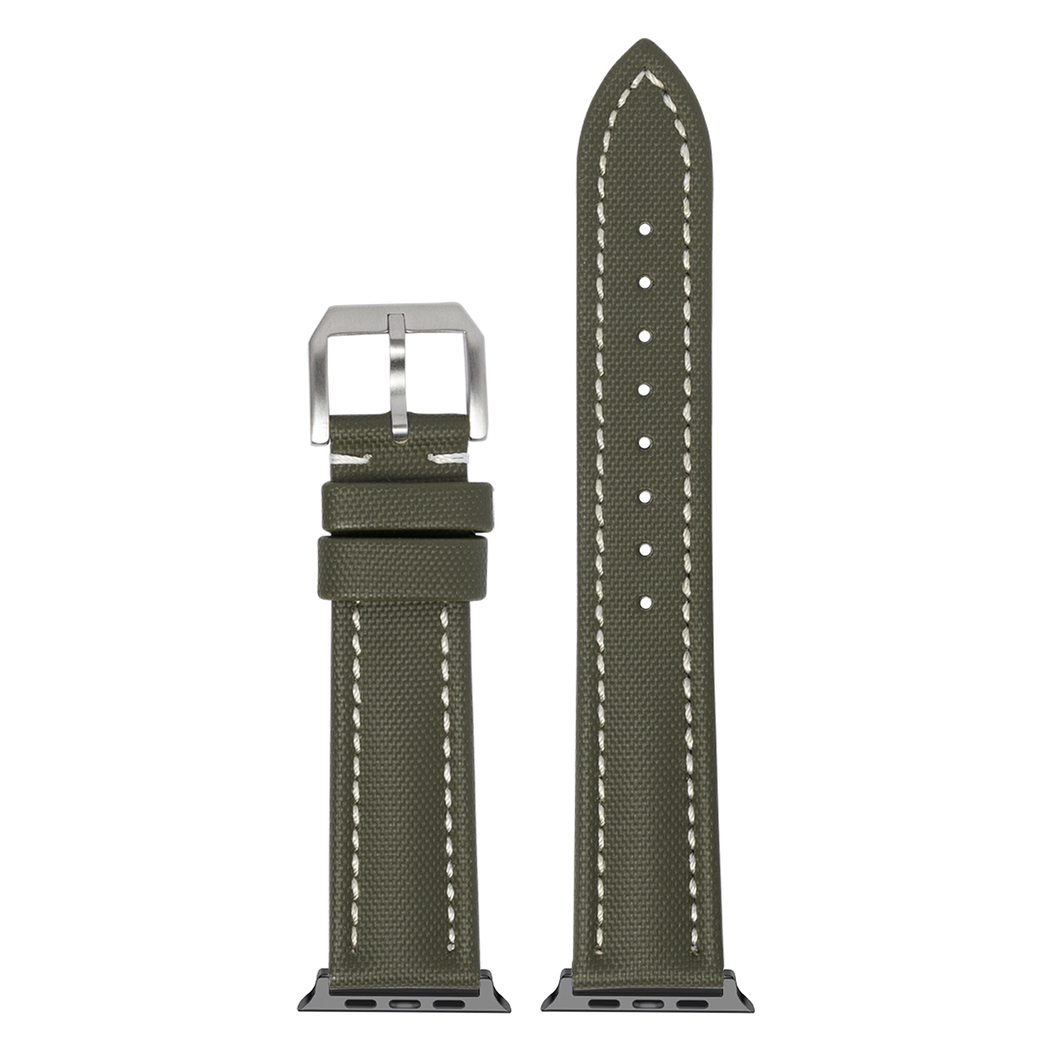Army green sailcloth Apple Watch band with white stitching and silver buckle for all watch sizes