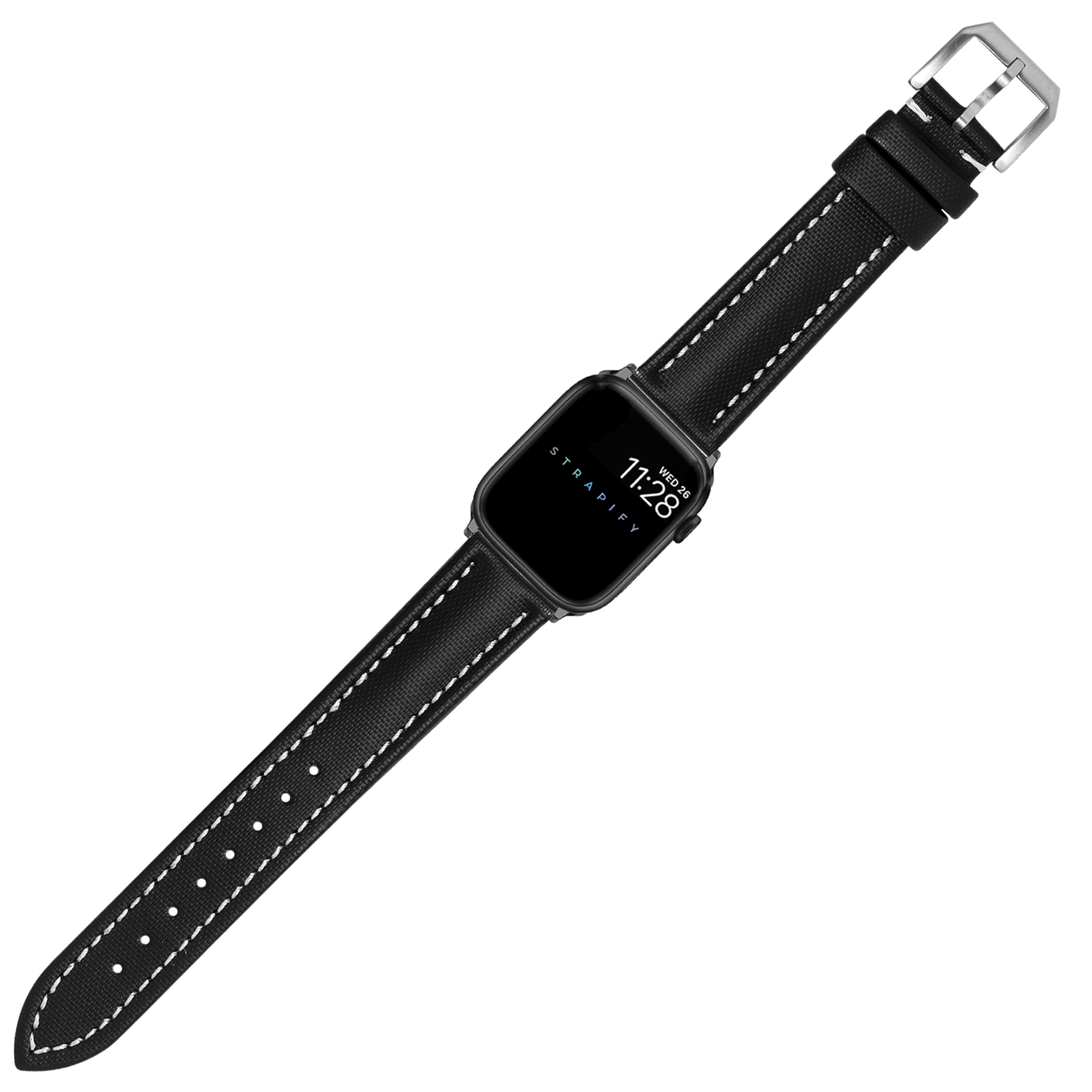 Black sailcloth Apple Watch band with white stitching, silver buckle, and contrasting stitch detail on woven fabric strap