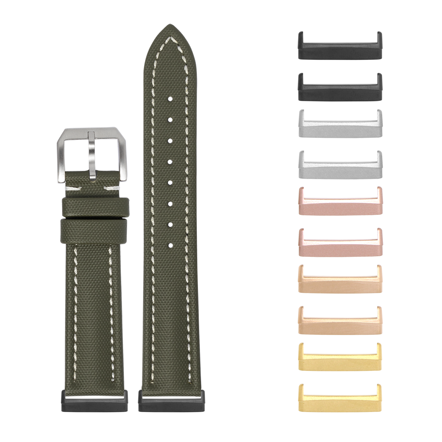 Olive green sailcloth watch band with white stitching and interchangeable metal buckles in multiple finishes for Fitbit Versa and Sense