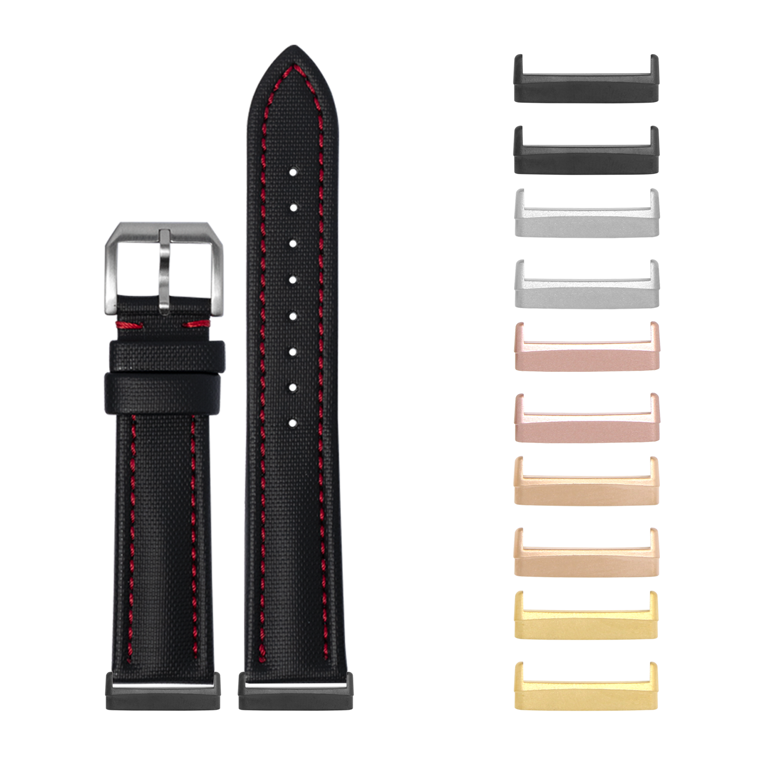 Black sailcloth watch band with red stitching and interchangeable metal lugs in multiple finishes for Fitbit Versa and Sense