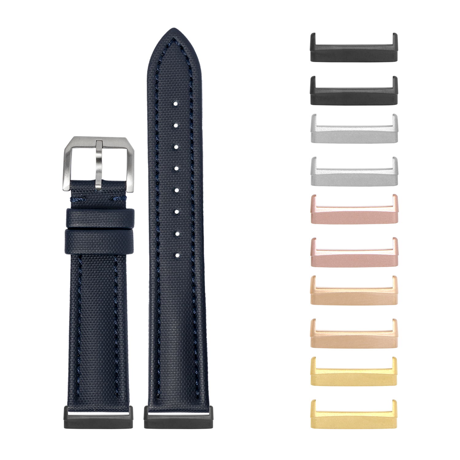 Navy blue sailcloth watch band with silver buckle for Fitbit Versa and Sense smartwatches, shown with interchangeable metal lugs in multiple finishes