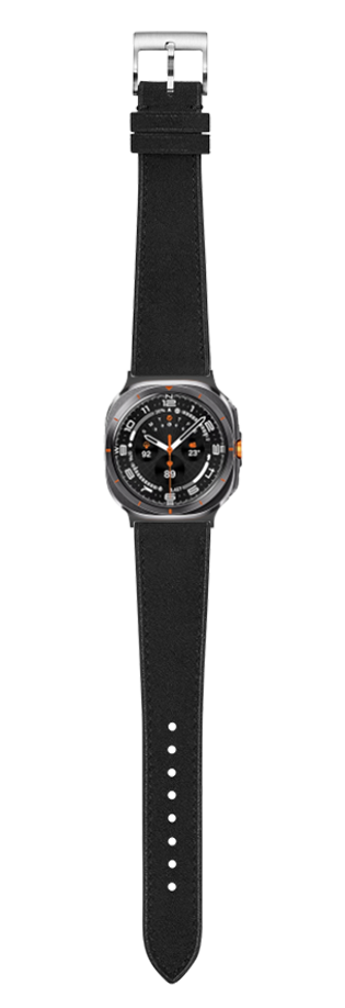 Black Alcantara leather watch band with silver buckle and round dial smartwatch featuring black face with orange accents