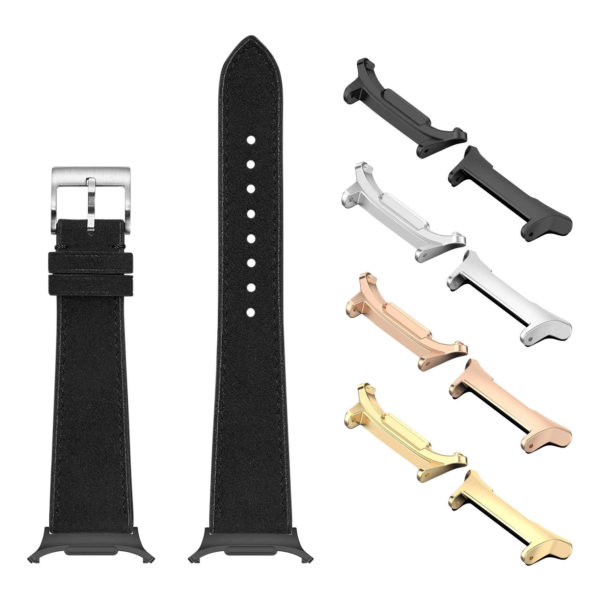 Black Alcantara leather watch band with silver buckle and interchangeable metal lugs in black, silver, rose gold, and gold finishes