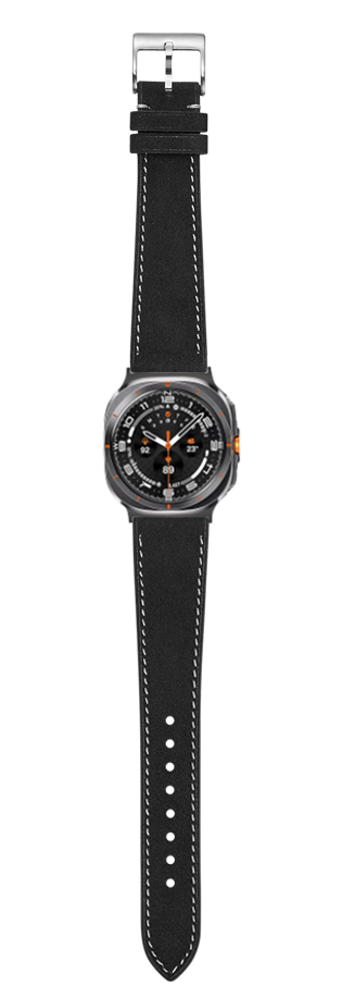 Black leather watch with white stitching, stainless steel case, black dial with orange accents, and silver buckle