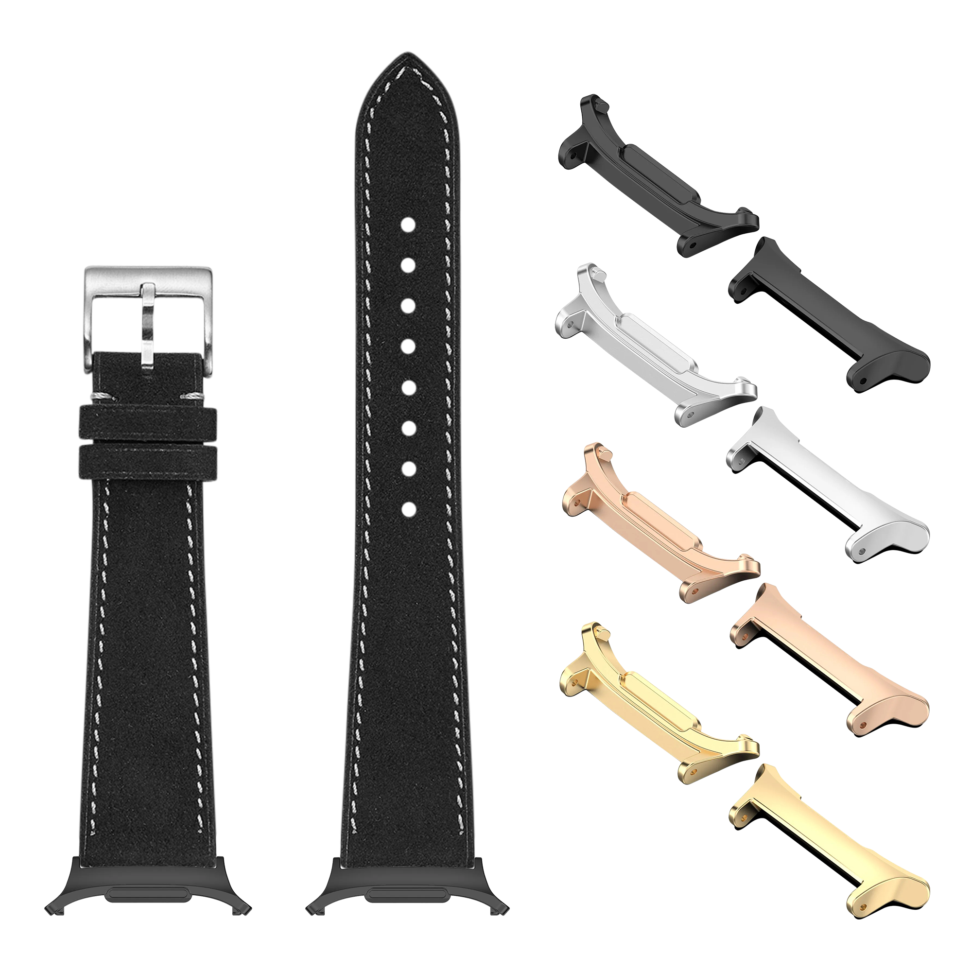 Black leather watch band with white stitching, silver buckle, and interchangeable metal lugs in silver, rose gold, black, and gold finishes