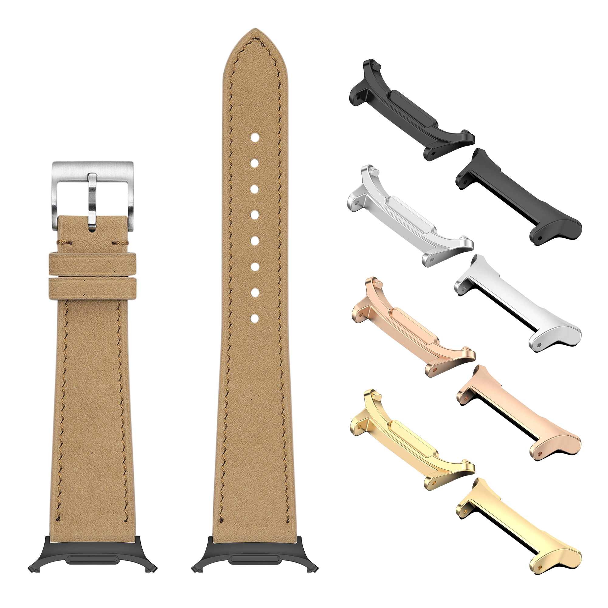 Tan leather watch band with silver buckle and interchangeable metal lugs in silver, black, rose gold, and gold finishes for Galaxy Watch 8/Ultra