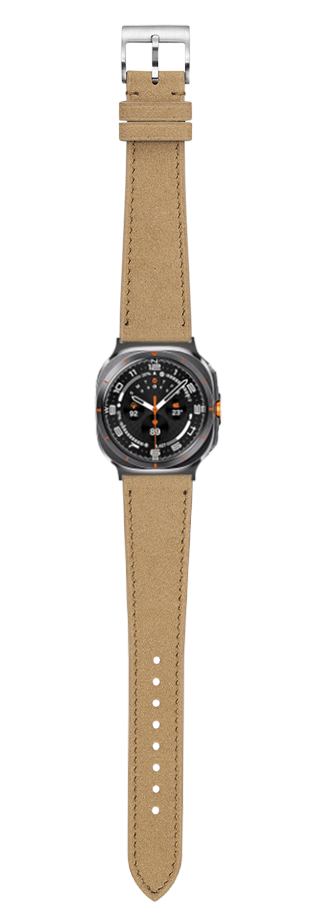 Men's smartwatch with black dial, orange accents, and tan Alcantara leather strap on white background